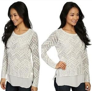 Lucky Brand Women's Chevron Knit Silver White Layered Long Sleeve Sweater Sz XL